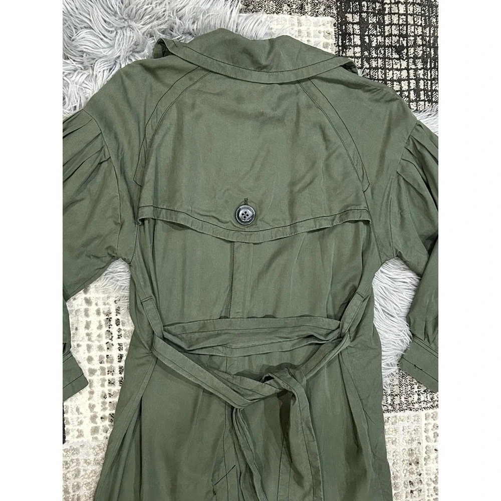 Free People Trench Coat Balloon Sleeve Double Breasted Belted Army Green Size S*
